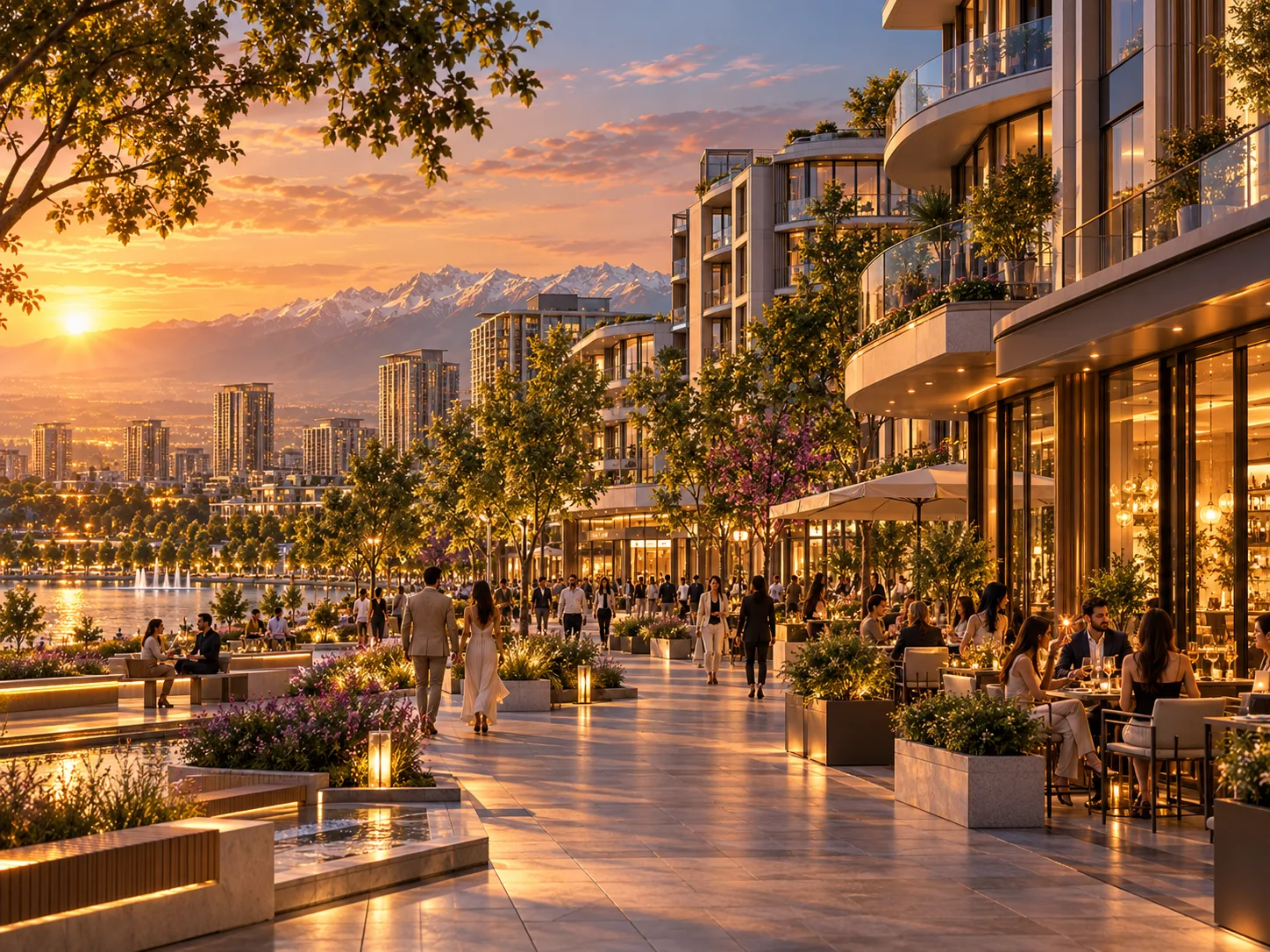 CGI concept: lakeside promenade with cafés