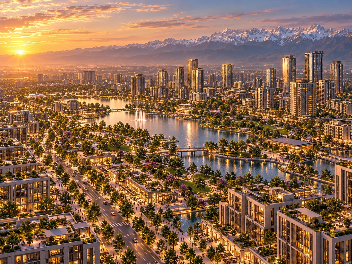 CGI concept: aerial view of a lakeside district at sunset with mountains behind